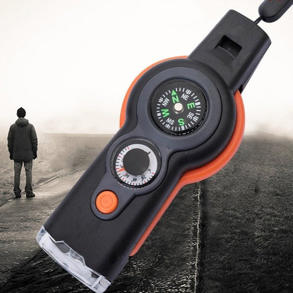 7 in 1 Outdoor Survival Whistle Keychain With Compass Magnifier LED light Thermometer - Quick Baskets