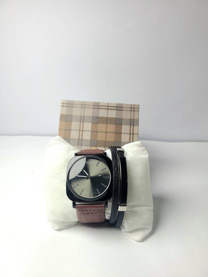 Stylish Leather Strap Watch with bracelet - Quick Baskets